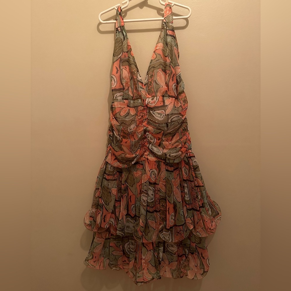 Vintage French cocktail dress, pink with delicate blue and green patterning